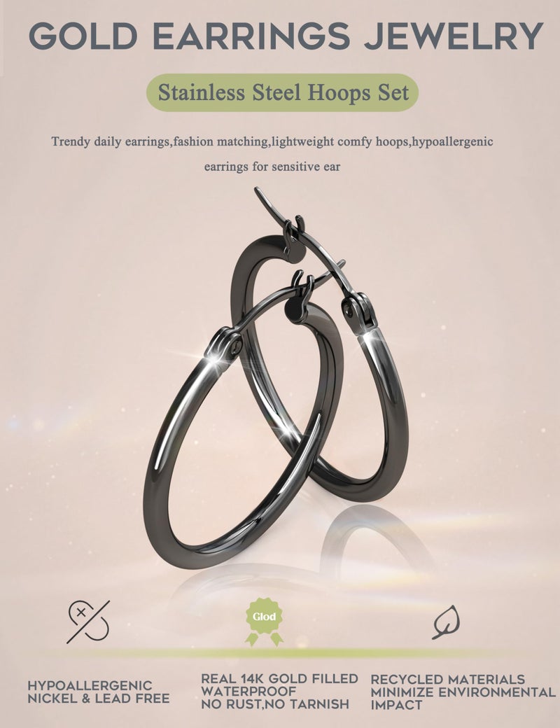 ORAZIO 4 Pairs Stainless Steel Hoop Earrings Set Cute Huggie Earrings for Women, 10MM, 12MM,15MM, 20MM Black Tone - Image 4